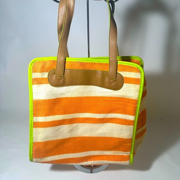 Vibrant Orange and Tan Striped Tote Bag with Sturdy Handles - Picture 1 of 4